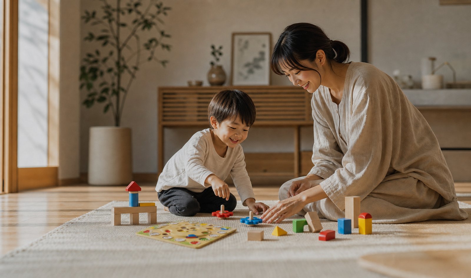 親子で木製玩具で遊ぶ様子